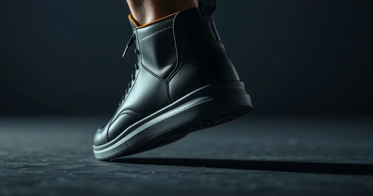 Gros plan cinématographique sur une cheville masculine chaussée d'une sneaker orthopédique montante, lumière dramatique sombre