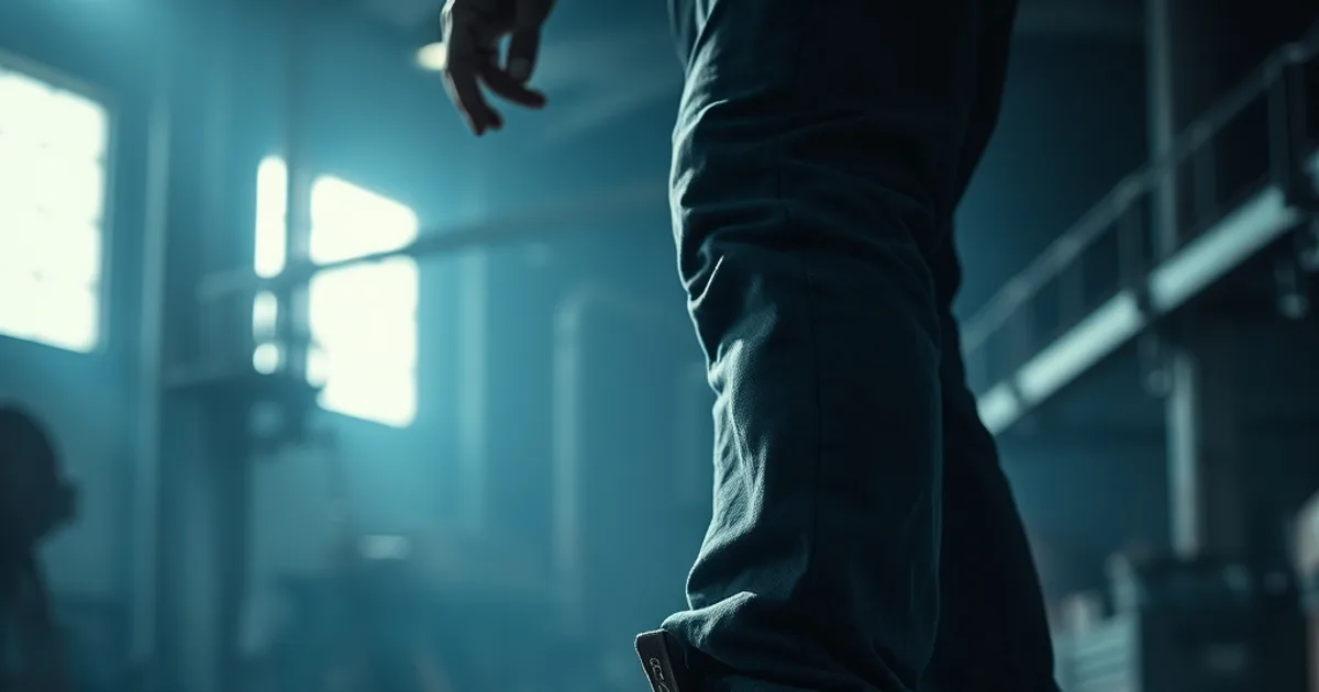 Gros plan sur les jambes et les chaussures de travail d'un homme debout sur un sol en béton, lumière dramatique sombre évoquant la fatigue du genou en fin de journée