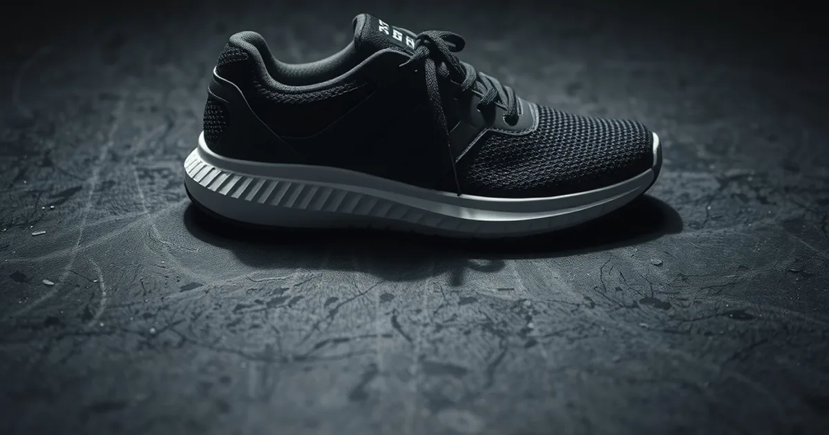Basket orthopédique homme monochrome posée sur une surface sombre, éclairage dramatique mettant en valeur le design moderne