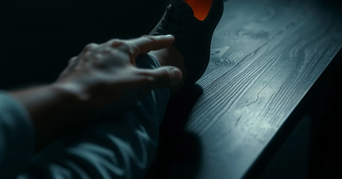 Homme examinant l'intérieur d'une chaussure orthopédique près de son pied, éclairage sombre et cinématographique