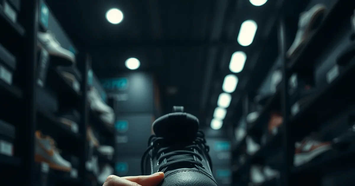 Gros plan sur des mains testant la flexion de l'avant-pied d'une chaussure orthopédique sombre dans une boutique faiblement éclairée