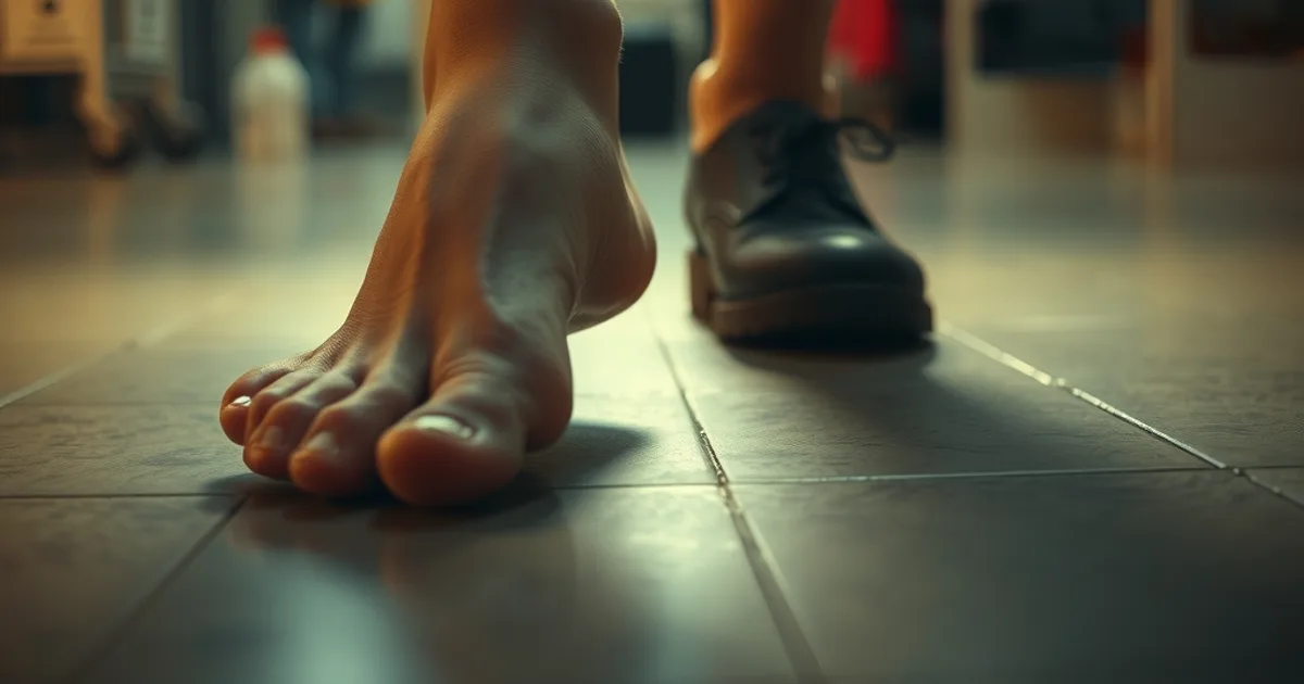 Pieds fatigués et légèrement gonflés posés près de chaussures de travail retirées en fin de service, ambiance sombre et cinématographique