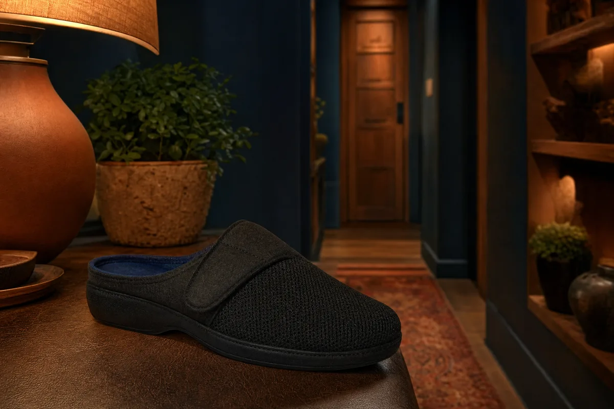 Chaussures orthopédiques homme, chausson médical présenté dans un intérieur chaleureux au ton sombre