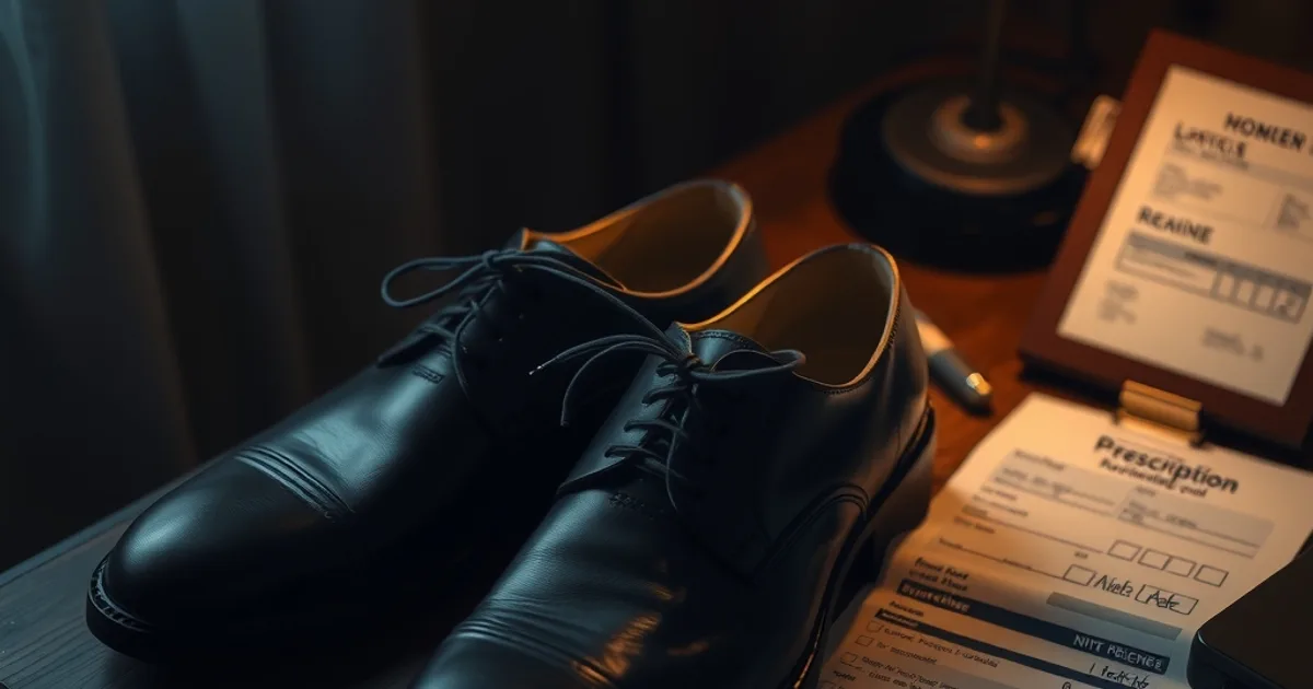 Paire de chaussures orthopédiques homme posée sur un bureau sombre à côté d'une ordonnance médicale, éclairage tamisé