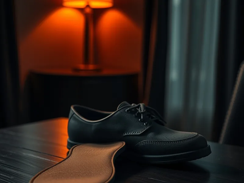 Semelle orthopédique amovible retirée d’une chaussure orthopédique homme, ambiance sombre terracotta