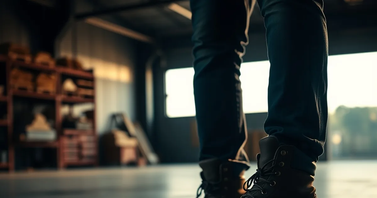 Gros plan sur les jambes et chaussures de travail d'un homme debout sur un sol en béton d'atelier, éclairage dramatique en fin de journée