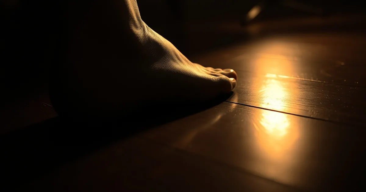 Examen attentif d'un pied nu à la lumière tamisée, à côté d'une chaussure orthopédique à contrefort renforcé, ambiance sombre et clinique