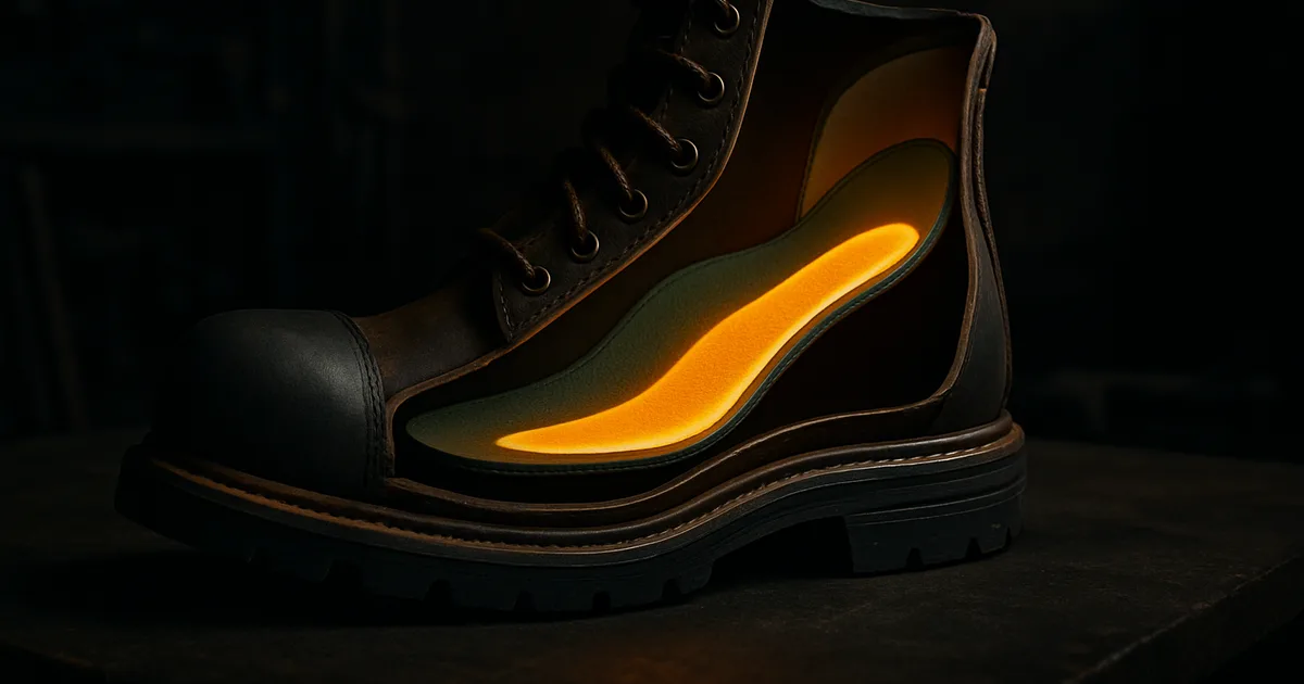 Coupe d'une chaussure de sécurité montrant une semelle orthopédique intégrée, dans une ambiance industrielle sombre et cinématographique