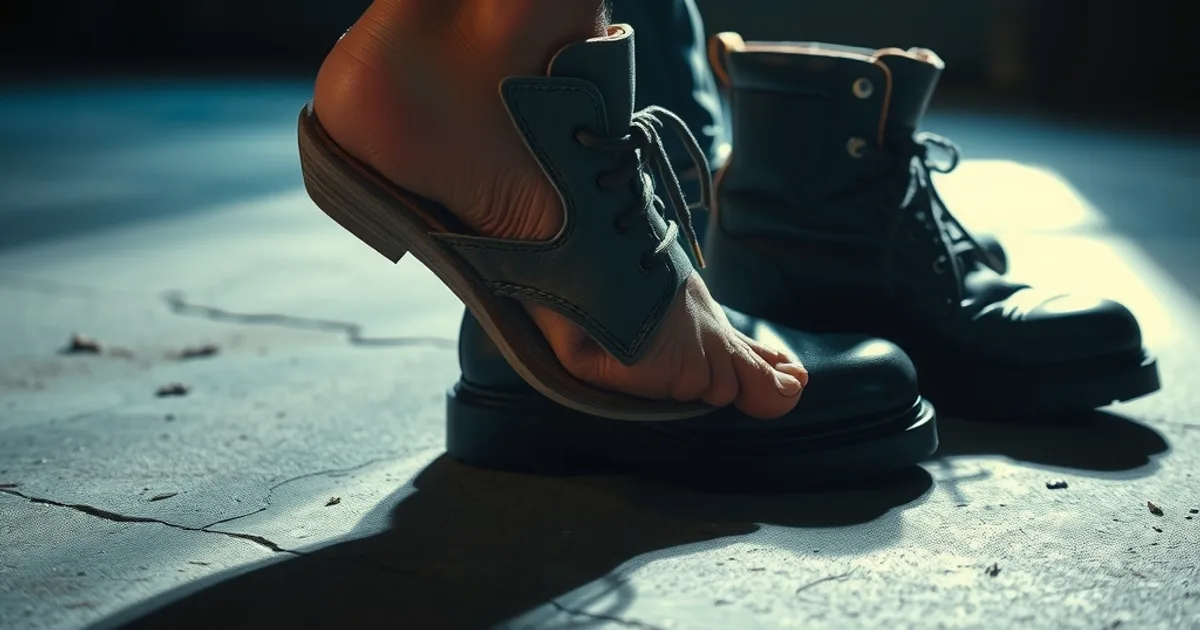 Gros plan sombre et cinématographique sur le talon d'un homme posé près de chaussures de travail en cuir, sur un sol en béton, lumière dramatique évoquant la douleur au talon.