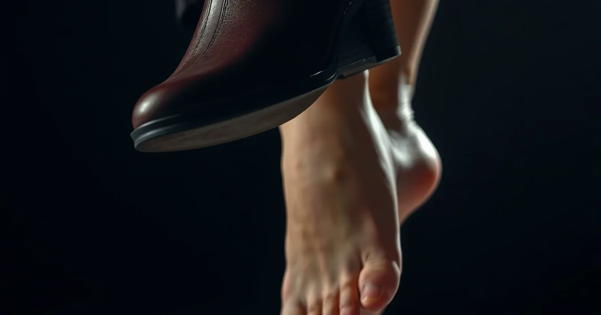 Pied féminin avec hallux valgus visible à côté d'une chaussure élégante à bout large, éclairage dramatique sombre