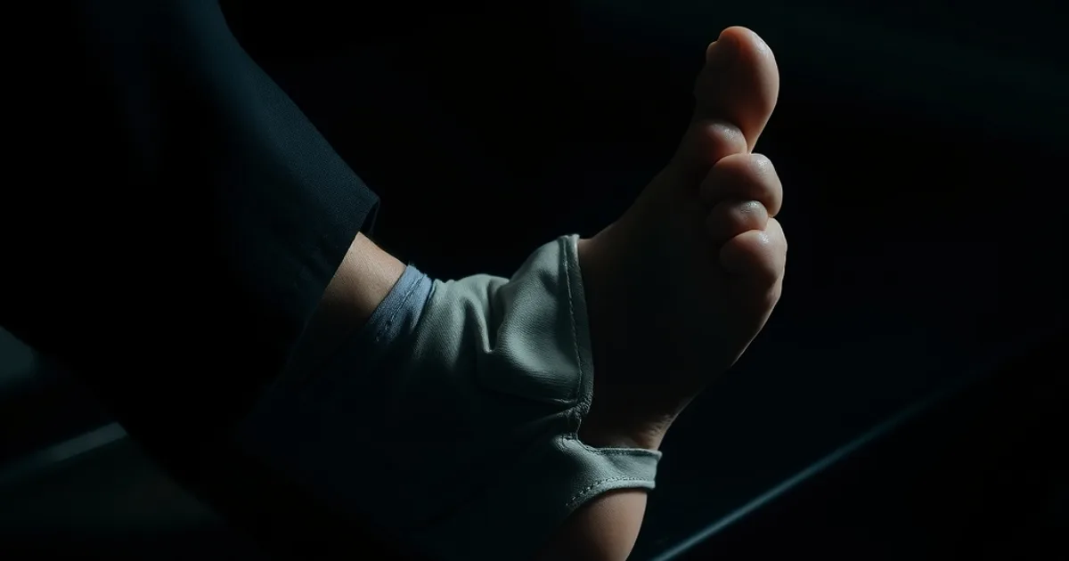 Gros plan sombre et cinématographique d'un pied masculin avec un hallux valgus posé à côté d'une chaussure orthopédique large ouverte, éclairage dramatique.