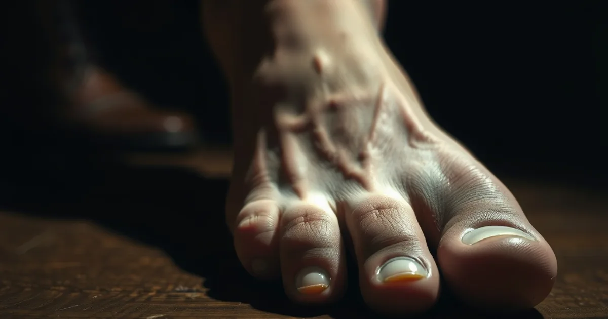 Gros plan cinématographique et sombre sur un pied nu d'homme au petit matin, avec une légère déviation du gros orteil, posé à côté d'une chaussure de ville en cuir usée.