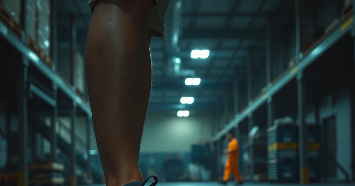 Gros plan sombre et cinématique sur les jambes et les pieds d'un homme debout sur un sol en béton, portant des chaussures orthopédiques de travail, dans un éclairage industriel tamisé.