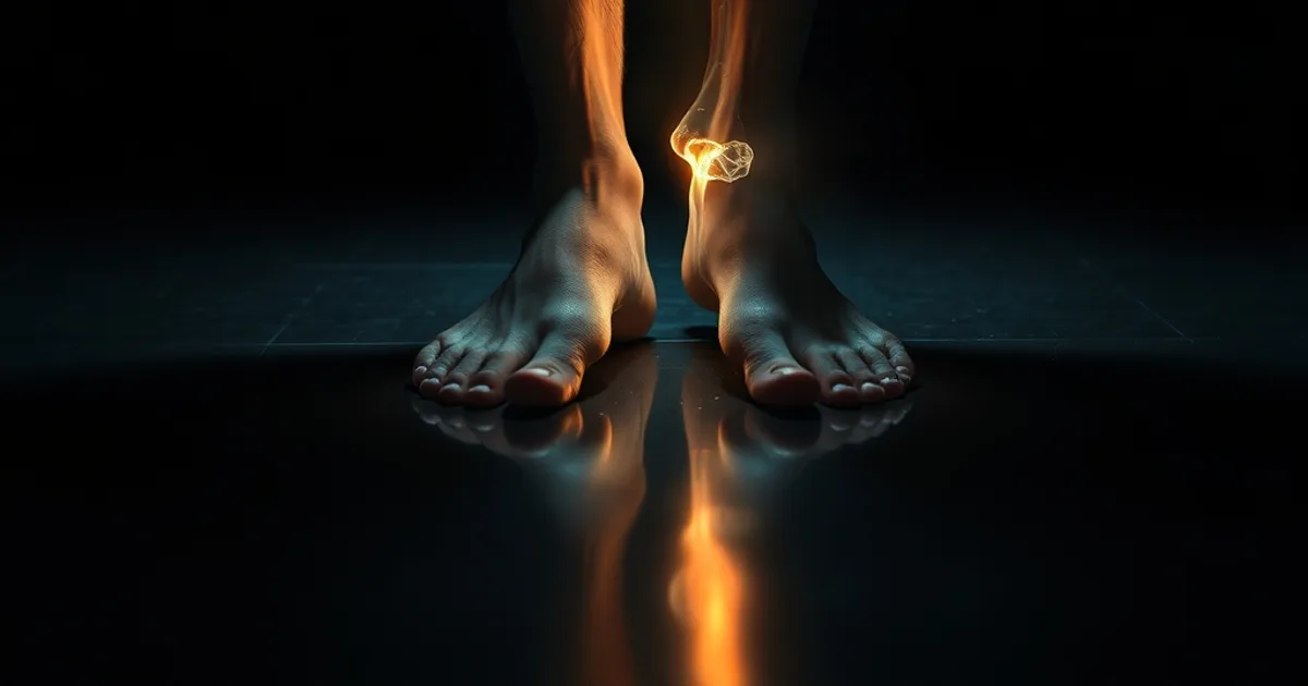 Silhouette d'un homme debout, ligne lumineuse reliant la voûte plantaire au bas du dos, illustrant la chaîne biomécanique entre pied et colonne