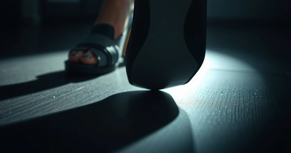 Gros plan sur des pieds de femme passant d'un talon usé à une chaussure orthopédique soutenante, en éclairage sombre et cinématographique