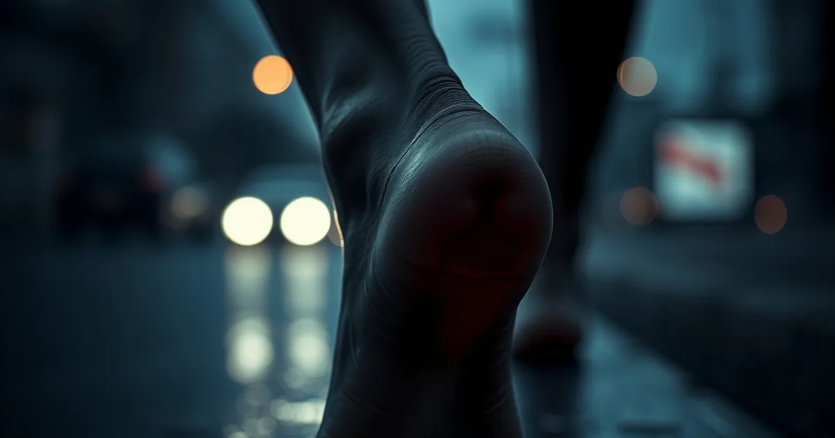 Gros plan cinématographique sur l'avant-pied nu d'un homme marchant sur un trottoir sombre au crépuscule, une lueur chaude soulignant la pression sous les têtes métatarsiennes.