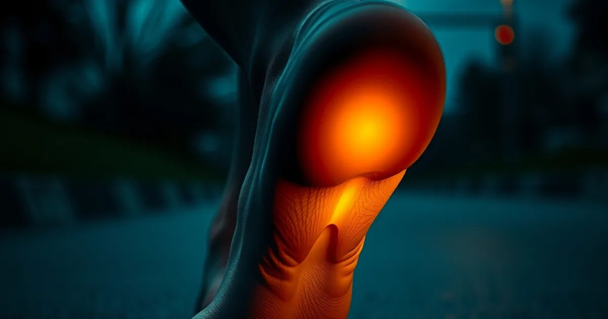 Gros plan cinématographique sur l'avant-pied nu d'un homme en pleine foulée, lumière dramatique soulignant la zone de la boule du pied
