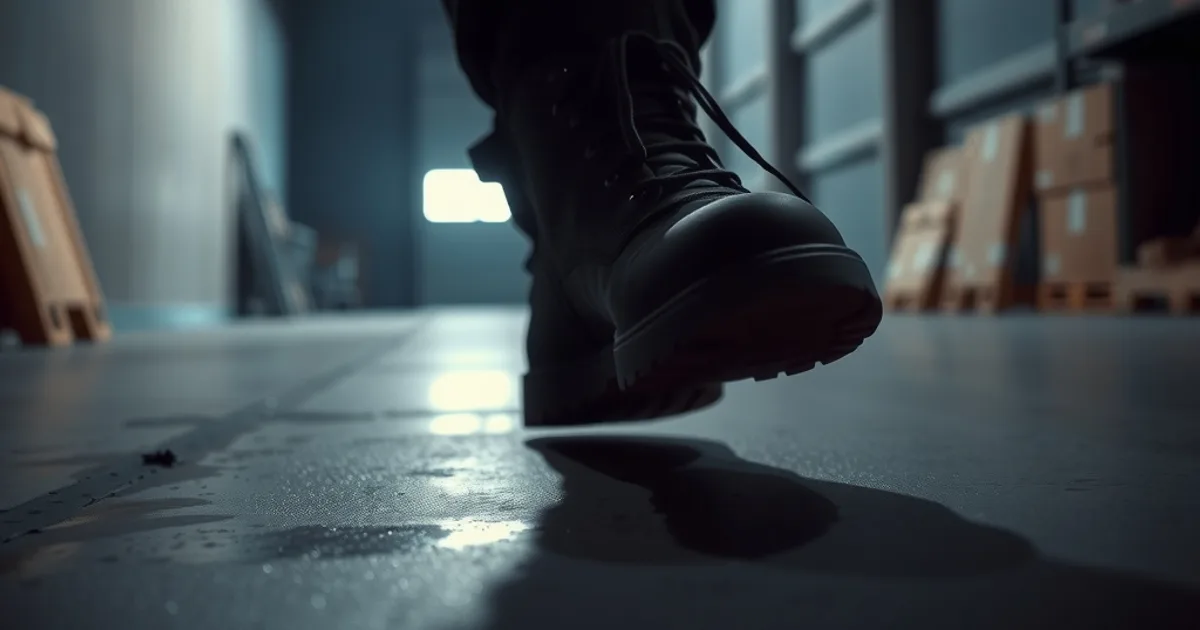 Gros plan cinématographique sur des chaussures de travail masculines en mouvement sur un sol d'entrepôt, éclairage dramatique évoquant la fatigue d'une longue journée debout
