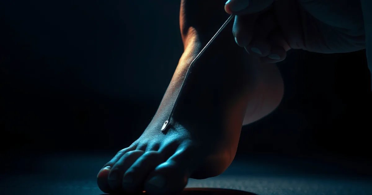 Gros plan sombre et cinématographique sur un pied testé à l'aide d'un monofilament pour évaluer la sensibilité, symbole de la neuropathie diabétique invisible