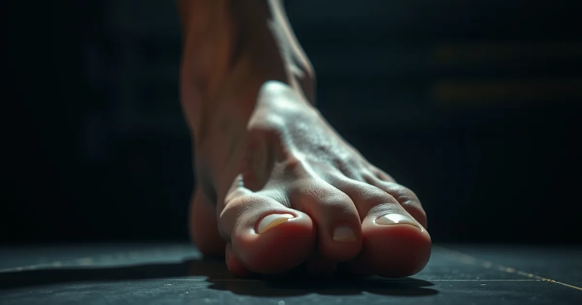 Gros plan cinématographique sur un pied nu masculin dont les orteils du milieu se recroquevillent légèrement, dans une lumière sombre et dramatique.