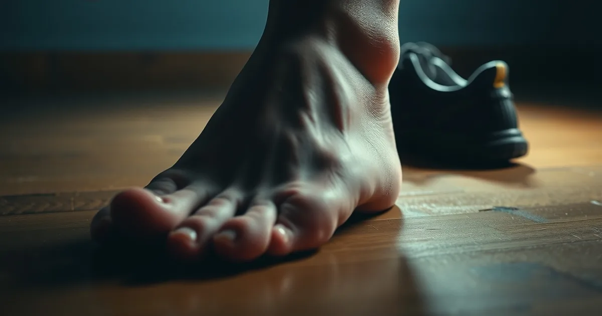 Gros plan sombre et clinique sur un pied présentant des signes d'alerte, posé à côté d'une paire de chaussures thérapeutiques pour pied diabétique