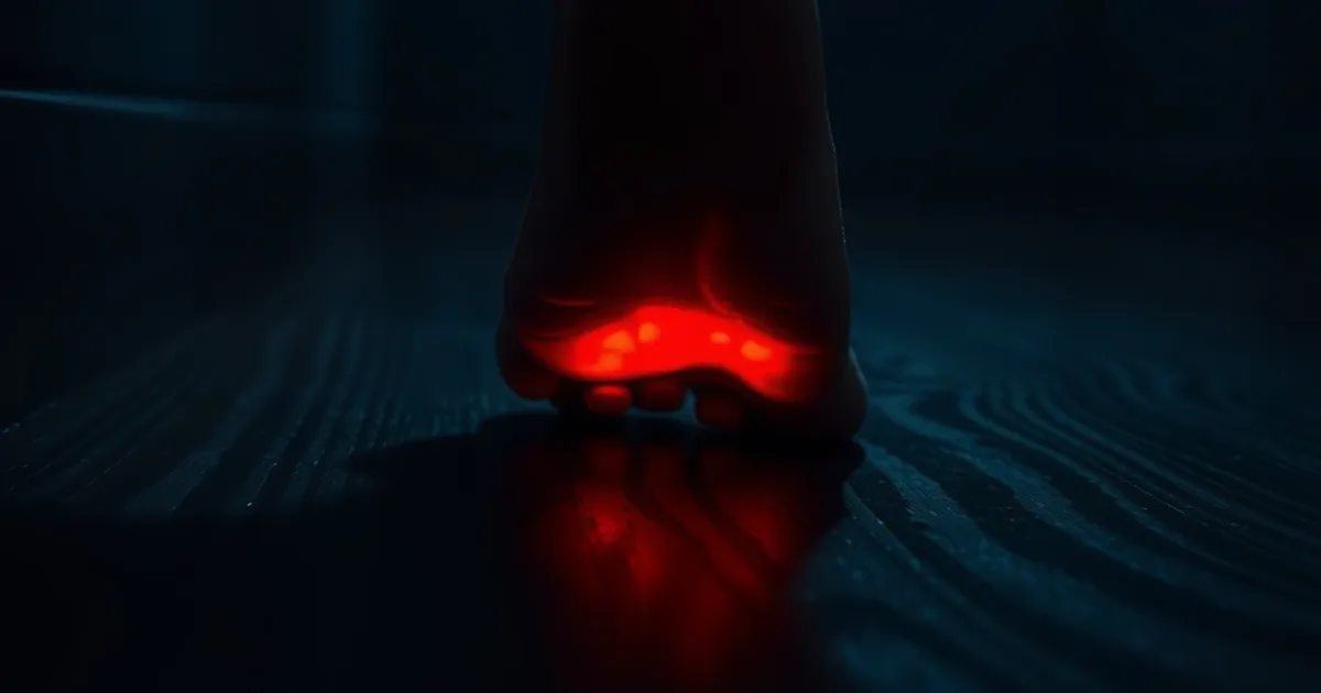 Gros plan artistique d'un pied posé au sol, mettant en lumière la zone de pression sous l'avant-pied dans une ambiance sombre et sobre