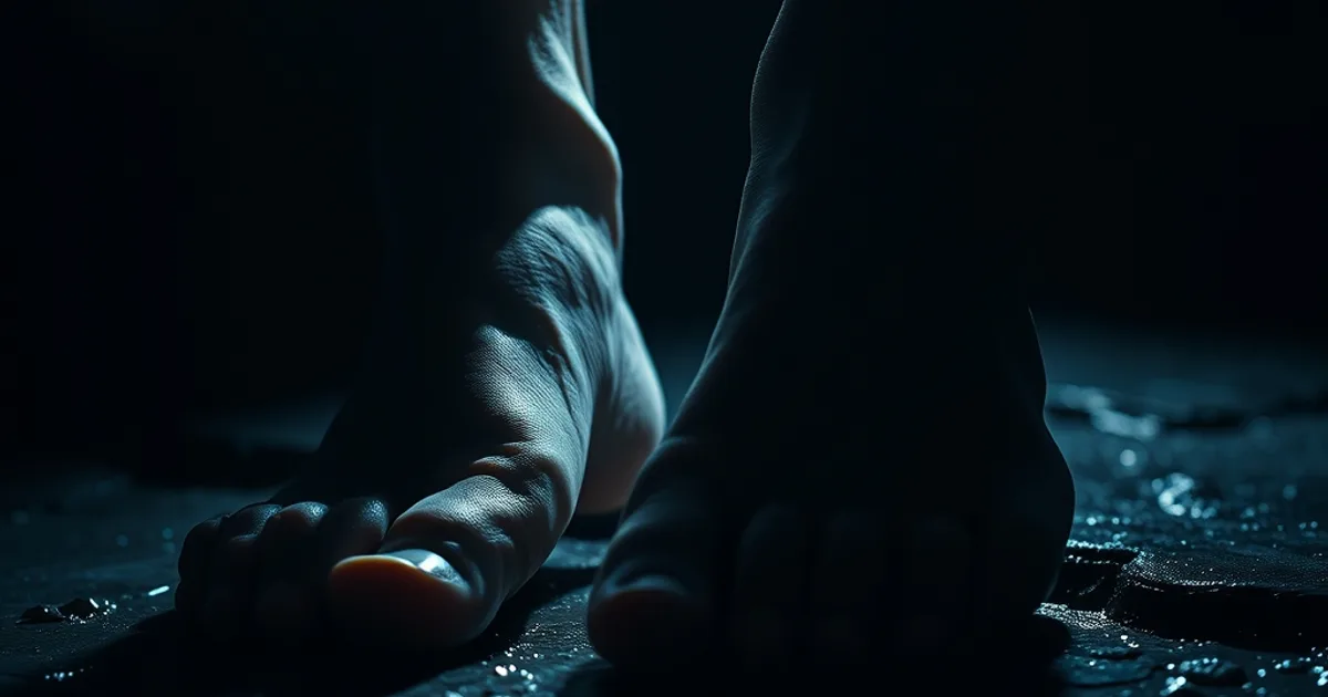Gros plan cinématographique et sombre sur les pieds nus d'un homme, éclairage latéral dramatique révélant l'affaissement de la voûte plantaire.