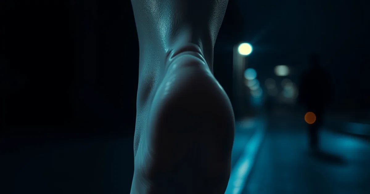Gros plan cinématographique sur un pied nu en pleine foulée, mettant en lumière l'affaissement de la voûte et la bascule du talon caractéristiques du pied plat valgus