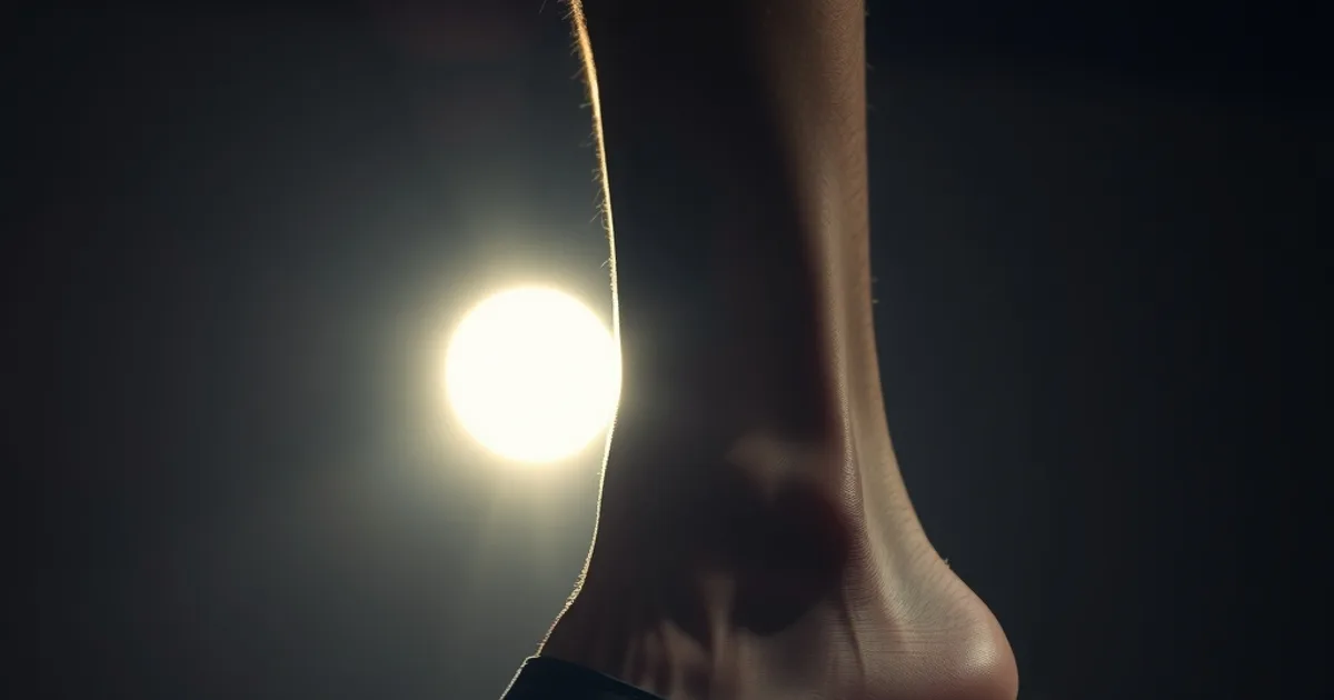 Gros plan cinématique d'un pied nu masculin enfilant une sandale ouverte aux lanières larges et sans coutures, lumière chaude en clair-obscur