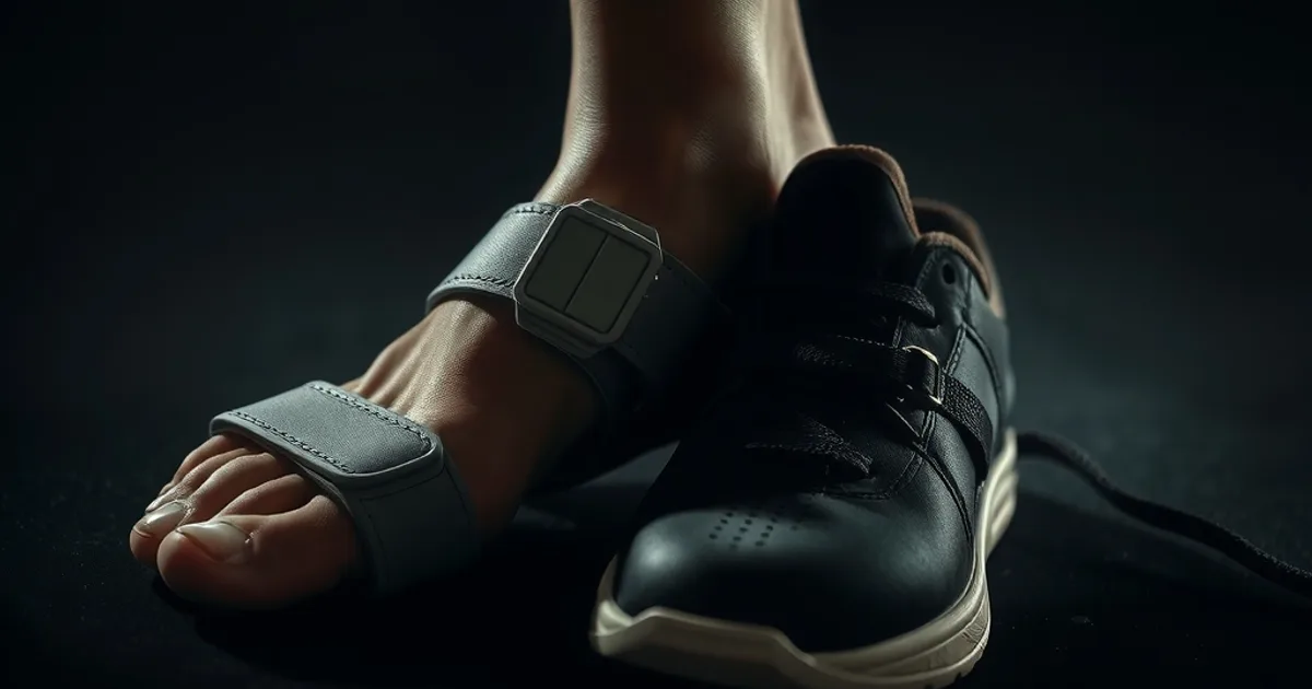 Pied en phase de transition entre une sandale médicale de décharge et une chaussure orthopédique à large boîte à orteils, scène sombre et cinématographique