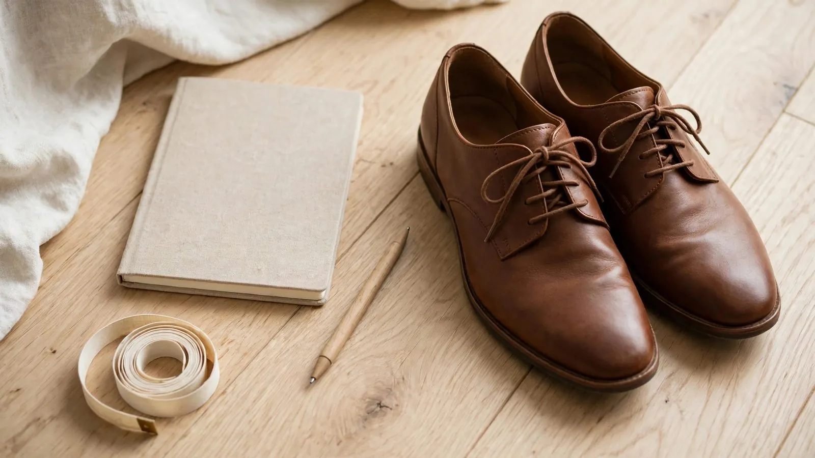 Paire de chaussures à lacets en cuir marron sur table en bois avec carnet fermé, crayon et mètre ruban enroulé.